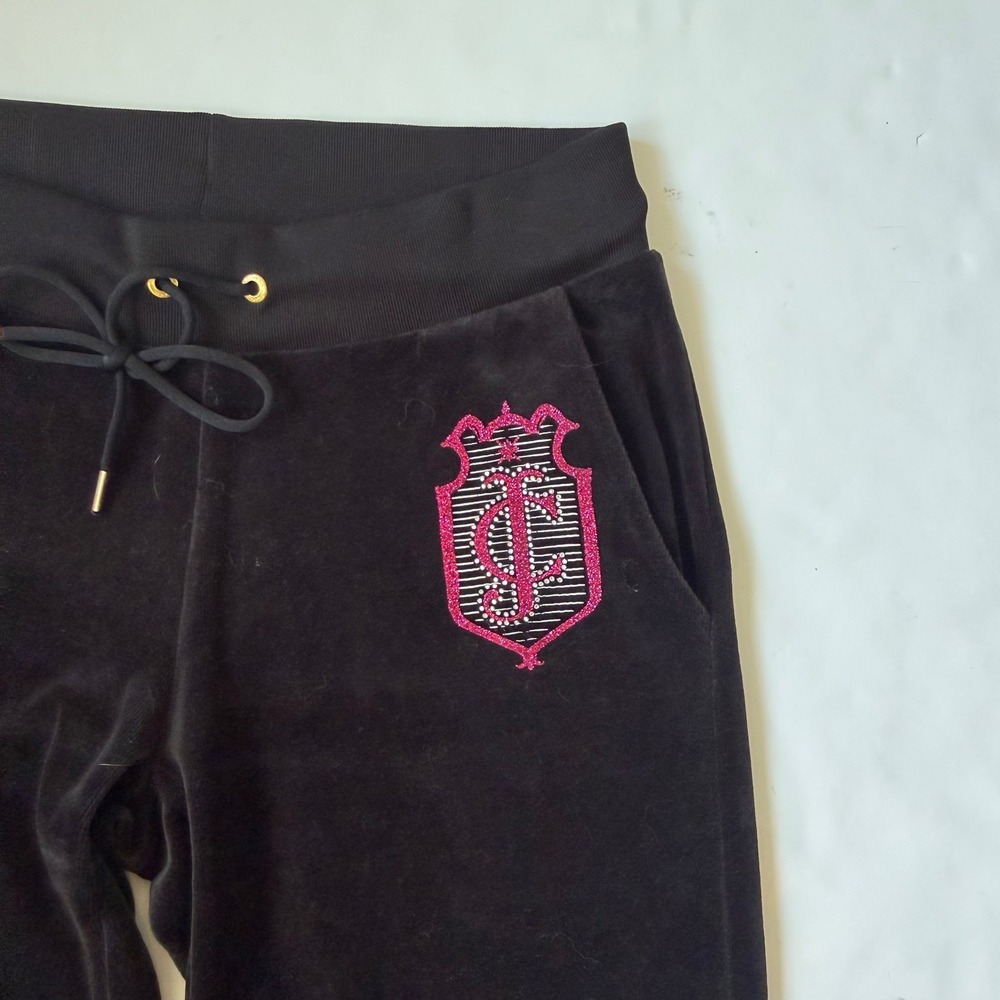 Juicy Couture Black Velour Lowrise Joggers Pink Rhinestone Crystal Y2K Mcbling